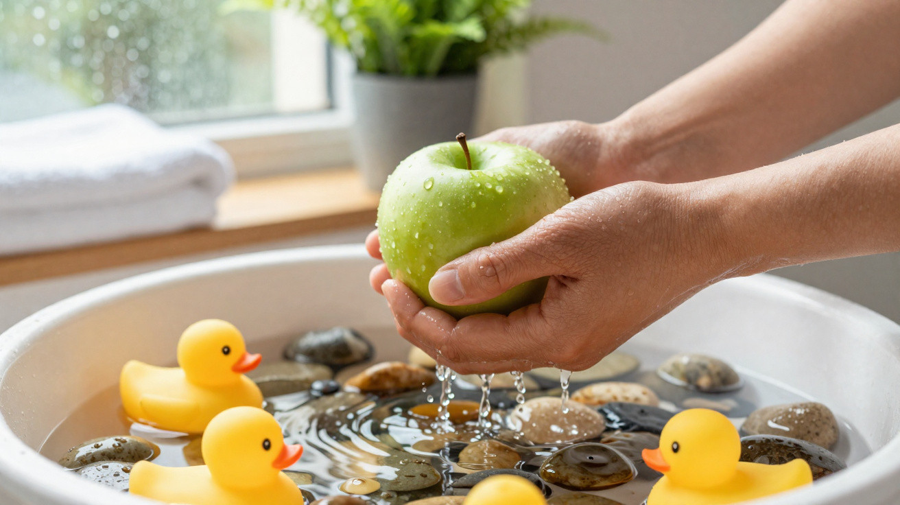 Hände halten einen tropfenden grünen Apfel über eine Schüssel mit Wasser, Steinen und gelben Gummienten.
