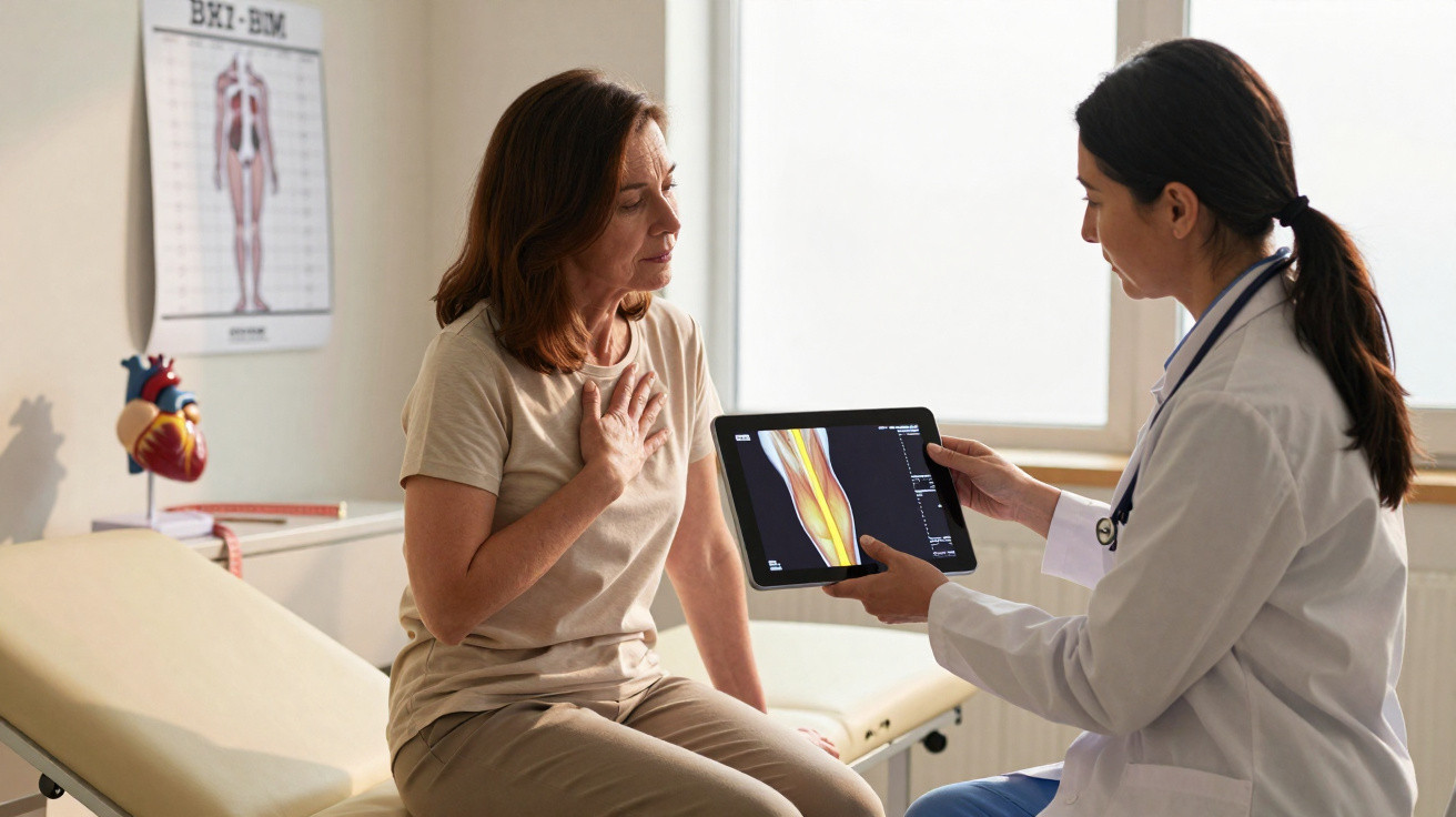 Ärztin erklärt Patientin anhand eines Tablets anatomische Details in einer Praxis.