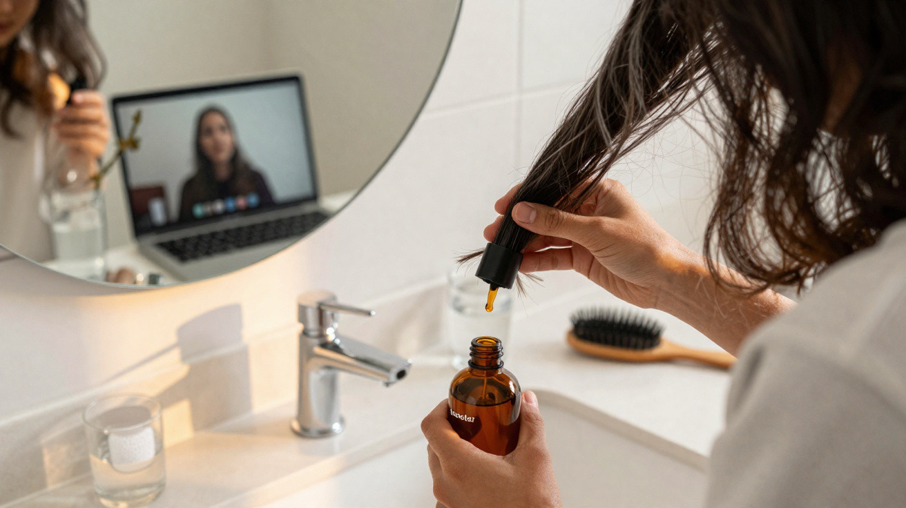 Frau trägt Haarserum in Badezimmer auf, Laptop mit Videoanruf im Spiegel sichtbar.