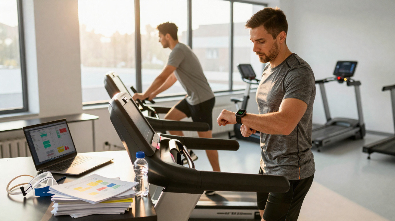 Zwei Männer trainieren im Fitnessstudio auf Laufband und stationärem Fahrrad, neben Laptop und Unterlagen.
