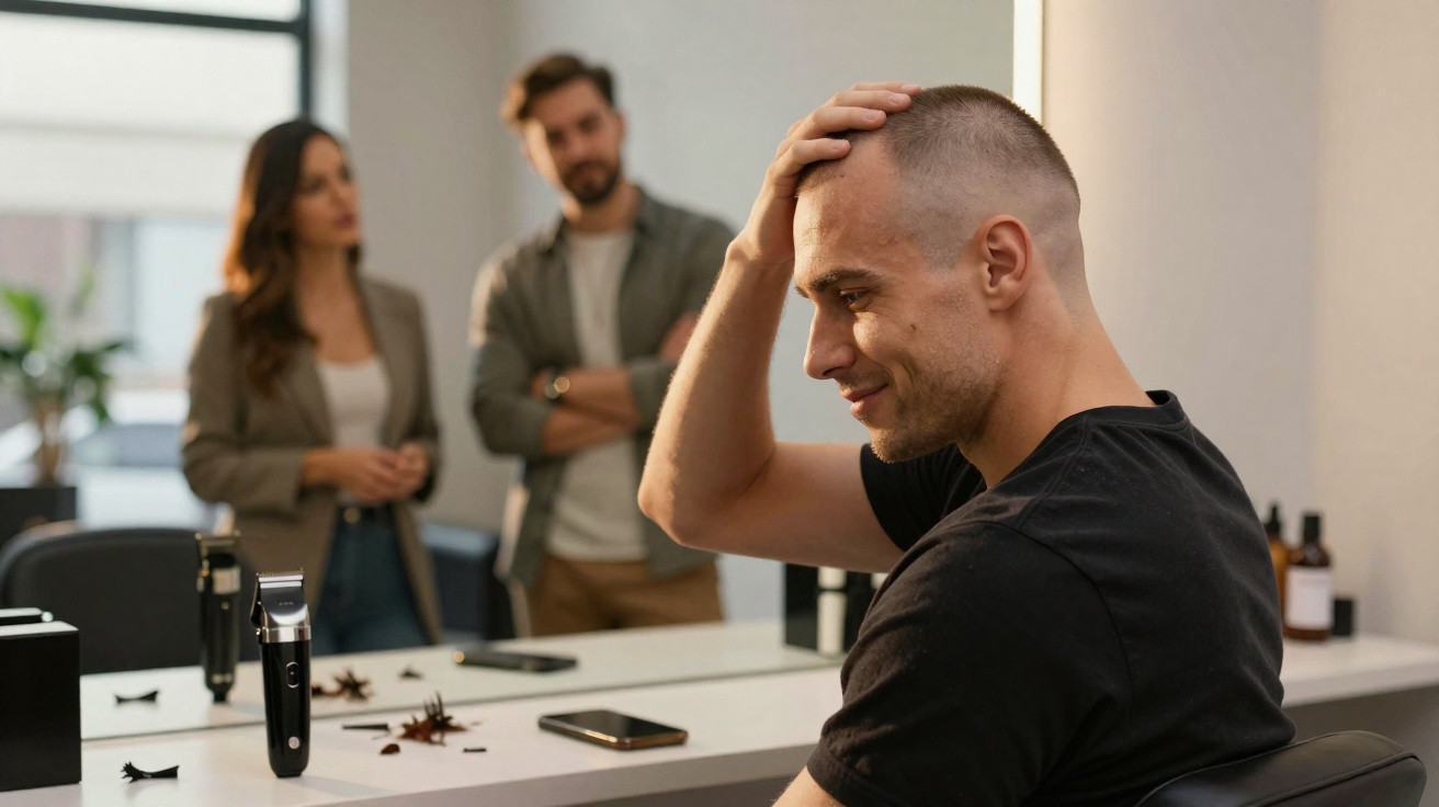 Mann betrachtet neuen Haarschnitt im Spiegel, während zwei Personen im Hintergrund stehen.