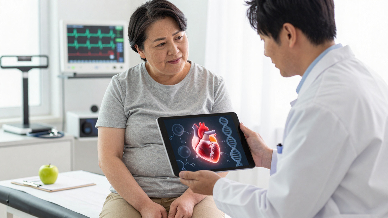 Arzt erklärt Patientin Herzgesundheit mit digitaler Herzgrafik auf Tablet in Praxisraum.