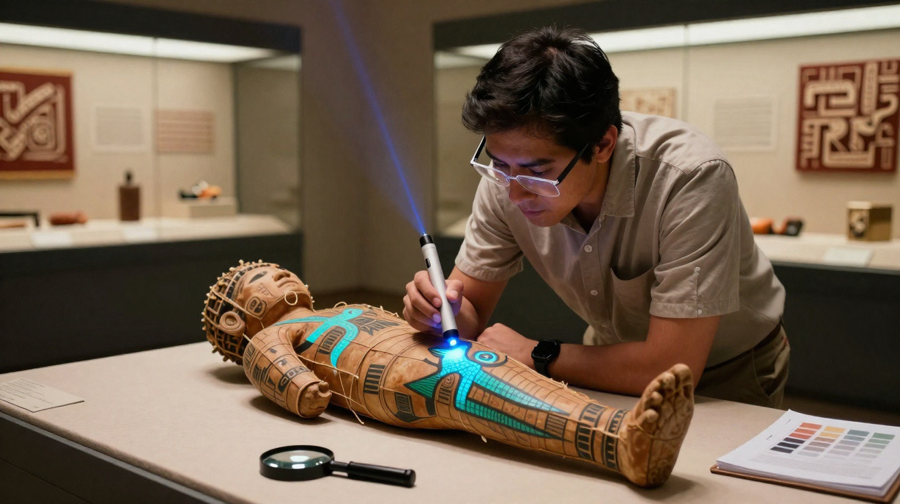 Mann untersucht antike bemalte Holzfigur mit blauem Lichtscanner in Museumsausstellung.