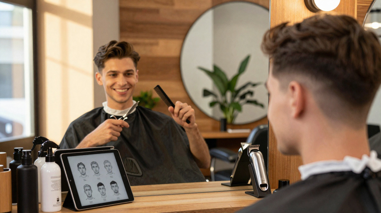 Junger Mann sitzt beim Friseur mit Umhang, betrachtet Frisuren auf Tablet, hält Kamm und Schere in der Hand.