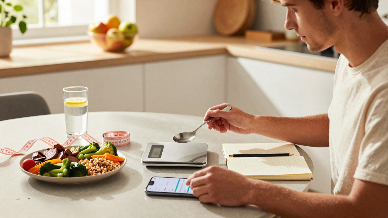 Mann sitzt am Tisch mit gesunder Mahlzeit, Waage, Maßband und Smartphone, misst Lebensmittel ab.