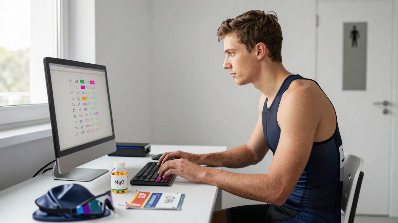 Junger Mann in Sportbekleidung arbeitet an einem Computer mit Trainingsplänen und Nahrungsergänzungsmitteln am Tisch.