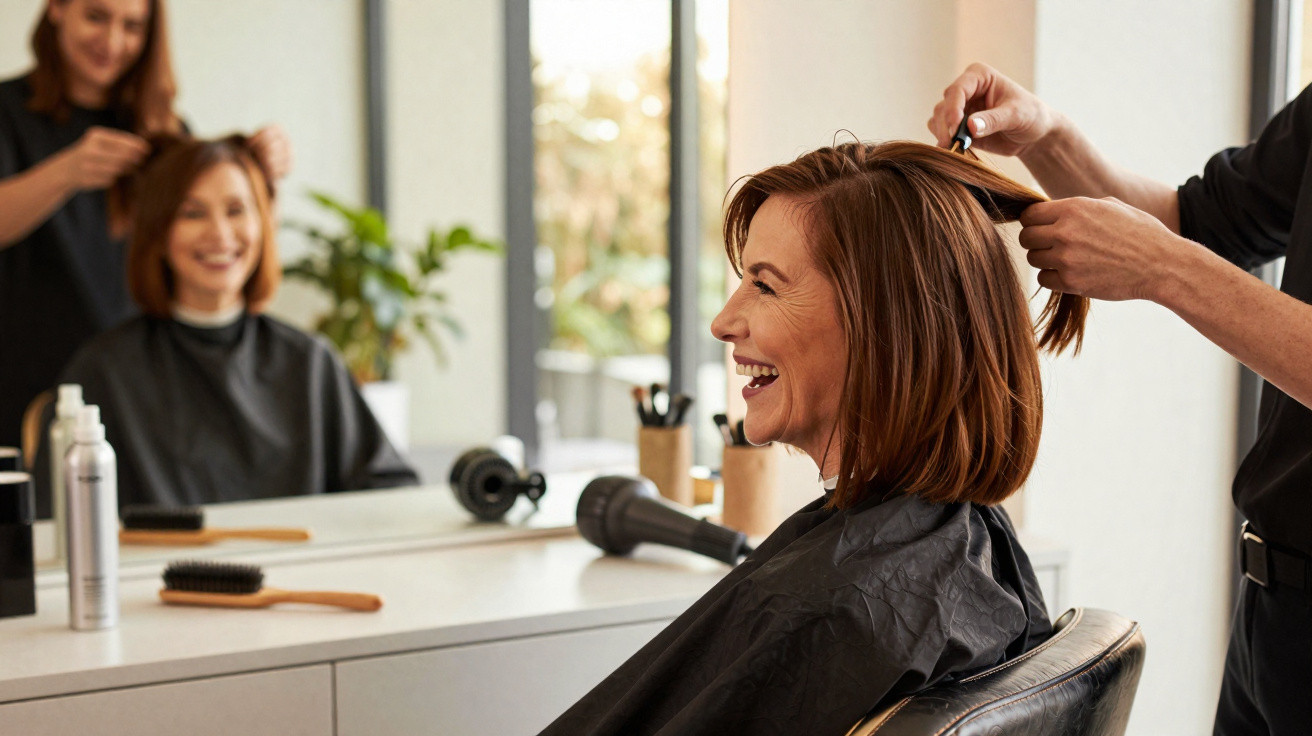 Frau sitzt lächelnd im Friseursalon, während Friseur ihre Haare schneidet, Spiegel im Hintergrund.