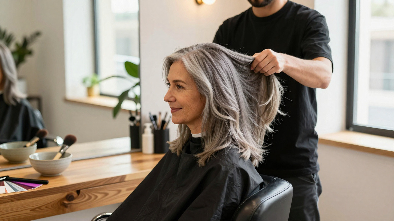 Friseurbesuch: Friseur hebt graue Haare einer lächelnden Frau in modernem Salon hoch.