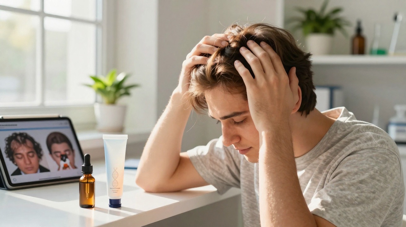 Junger Mann greift sich verzweifelt an den Kopf vor Laptop mit Haartransplantationsbildern und Pflegeprodukten.