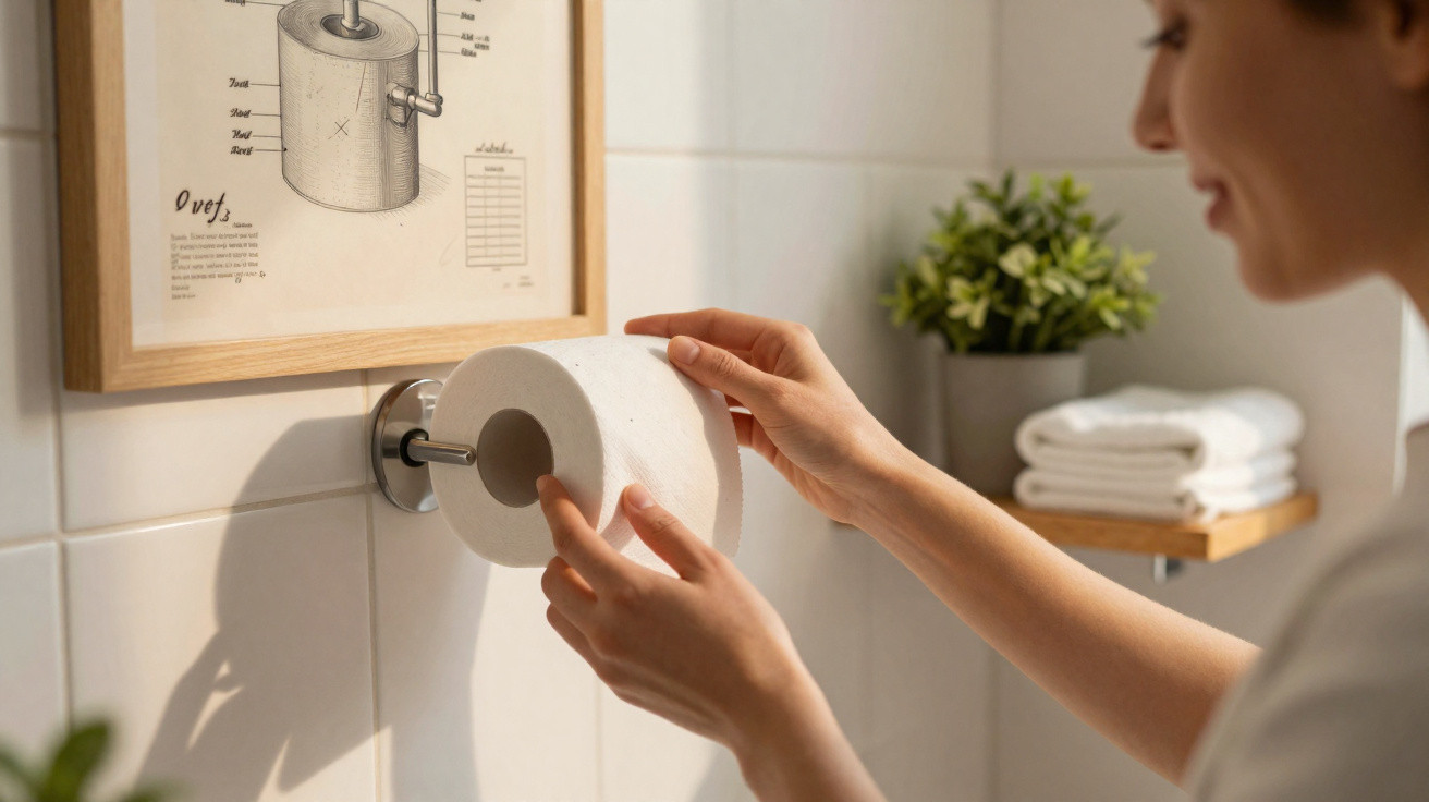 Frau hängt neues Toilettenpapier im hellen Badezimmer mit Pflanze und gerahmtem Poster auf Fliesen auf.
