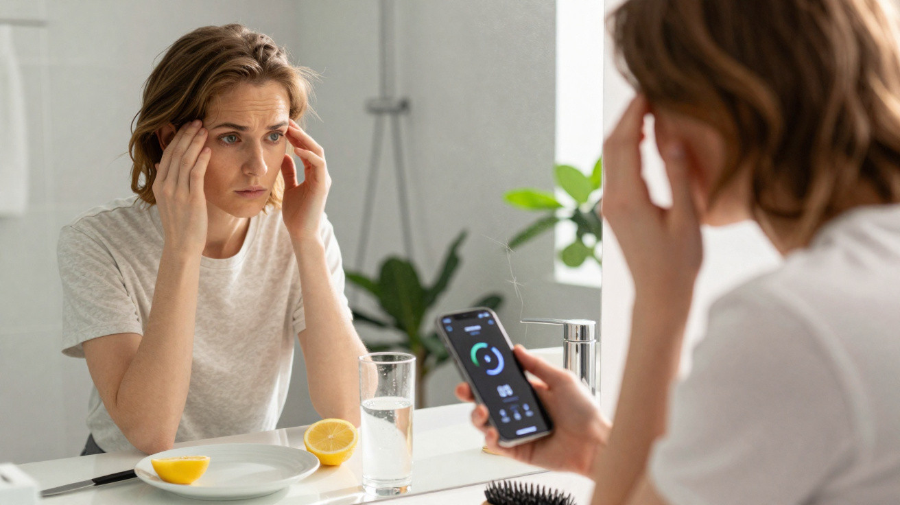 Frau mit besorgtem Gesichtsausdruck schaut in Spiegel, hält Smartphone, auf Tisch Glas Wasser und Zitronenscheiben.