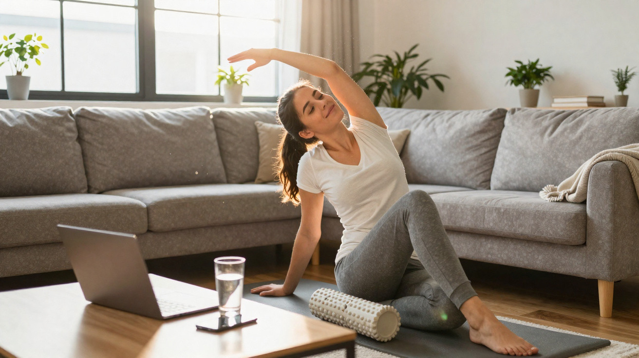 Frau macht Dehnübungen auf Yogamatte im Wohnzimmer neben Schaumstoffrolle und Laptop.