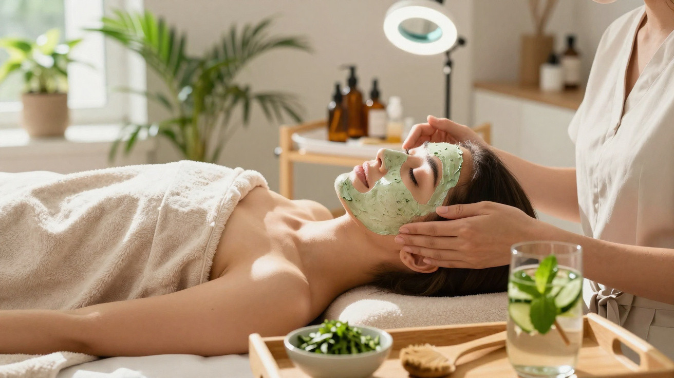 Frau entspannt mit grüner Gesichtsmaske beim Wellness-Treatment in hellem Spa-Raum.