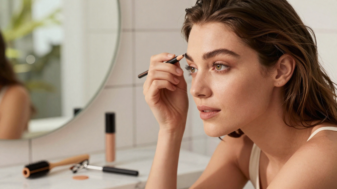 Frau trägt im Badezimmer mit Stift Augenbrauen-Makeup auf, Spiegel und Kosmetikprodukte im Hintergrund.