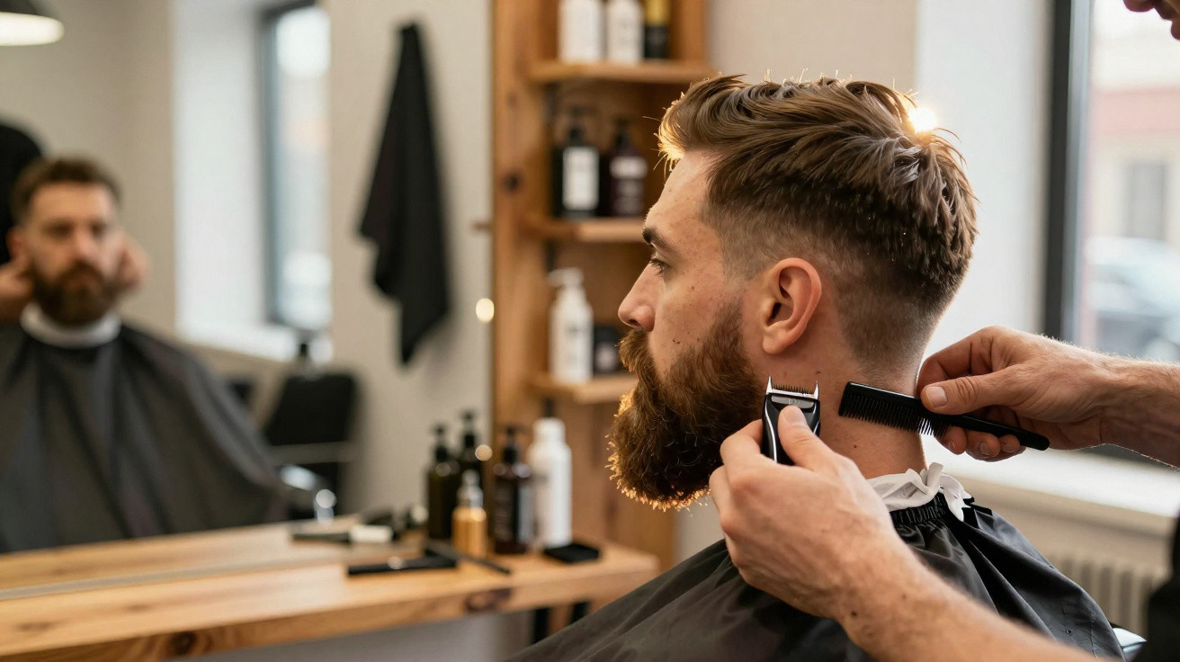 Mann bekommt im Friseursalon einen Bart- und Haarschnitt mit Haarschneidemaschine und Kamm.