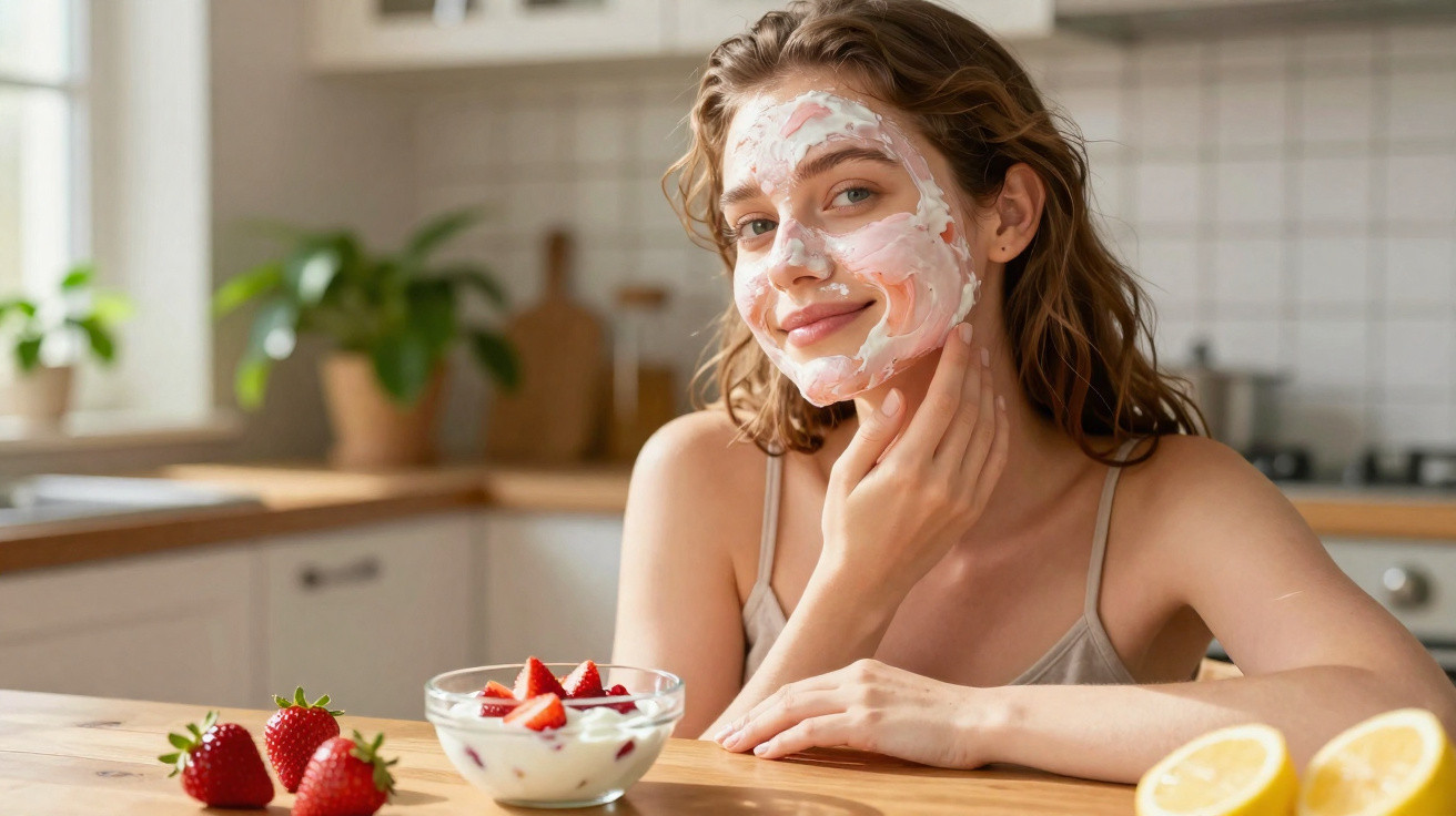 Junge Frau mit Gesichtsmaske aus Naturprodukt sitzt am Küchentisch mit Erdbeeren und Zitronen.