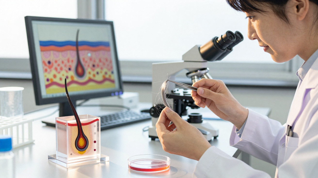 Wissenschaftlerin untersucht Haare mit Pinzette vor Mikroskop und Computerbild mit Haarfollikelmodell.