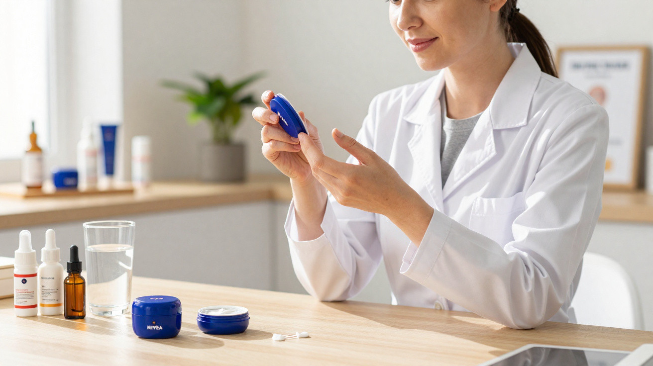 Frau in weißem Kittel öffnet Nivea-Creme-Dose in heller, moderner Umgebung.