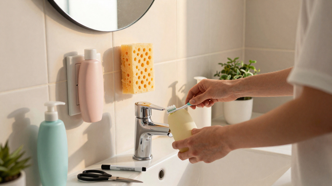 Person hält Zahncreme und Zahnbürste über weißem Waschbecken im hellen Badezimmer mit Pflanzen und Spiegel.