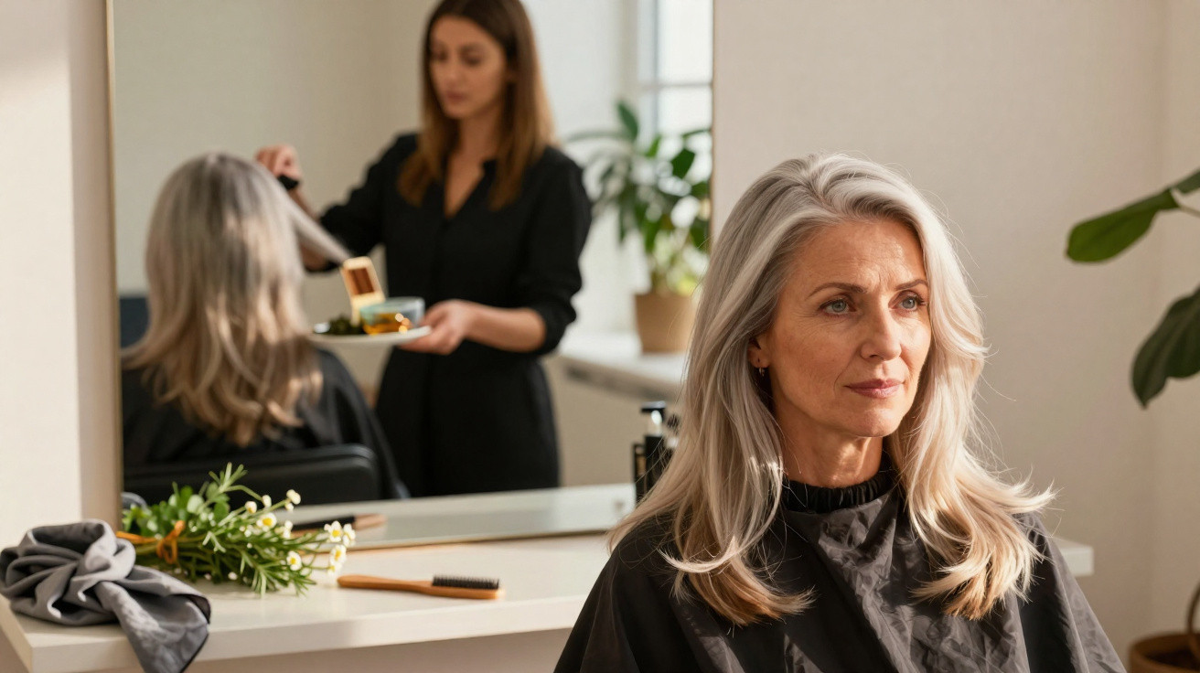 Ältere Frau mit grauen Haaren sitzt im Friseursalon, während Friseurin Haartönung vorbereitet.