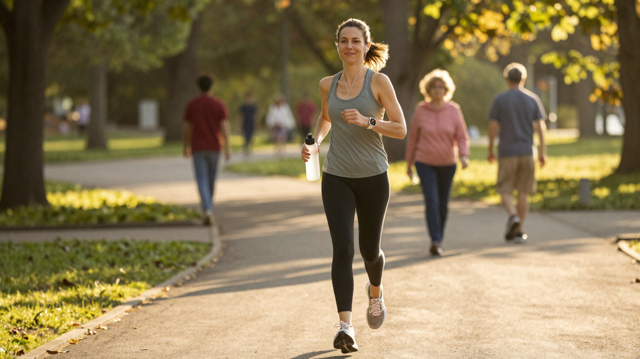 Frau joggt mit Wasserflasche im Park bei Sonnenlicht, im Hintergrund Spaziergänger auf dem Weg.