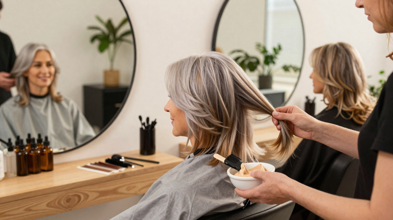 Frau mit grauem Haar erhält beim Friseur eine Haarbehandlung vor großem runden Spiegel.