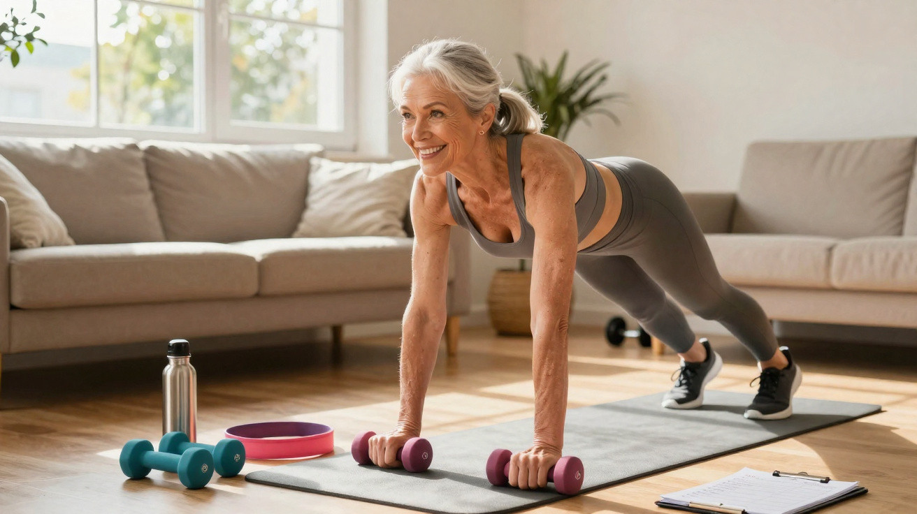 Ältere Frau macht Liegestütze mit Hanteln auf Yogamatte in hellem Wohnzimmer mit Fitnessgeräten.