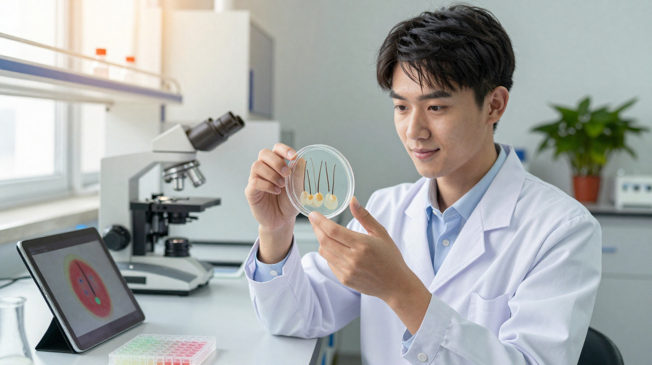 Junger Wissenschaftler im Labor untersucht Haarsprossen in einer Petrischale vor Mikroskop und Tablet.