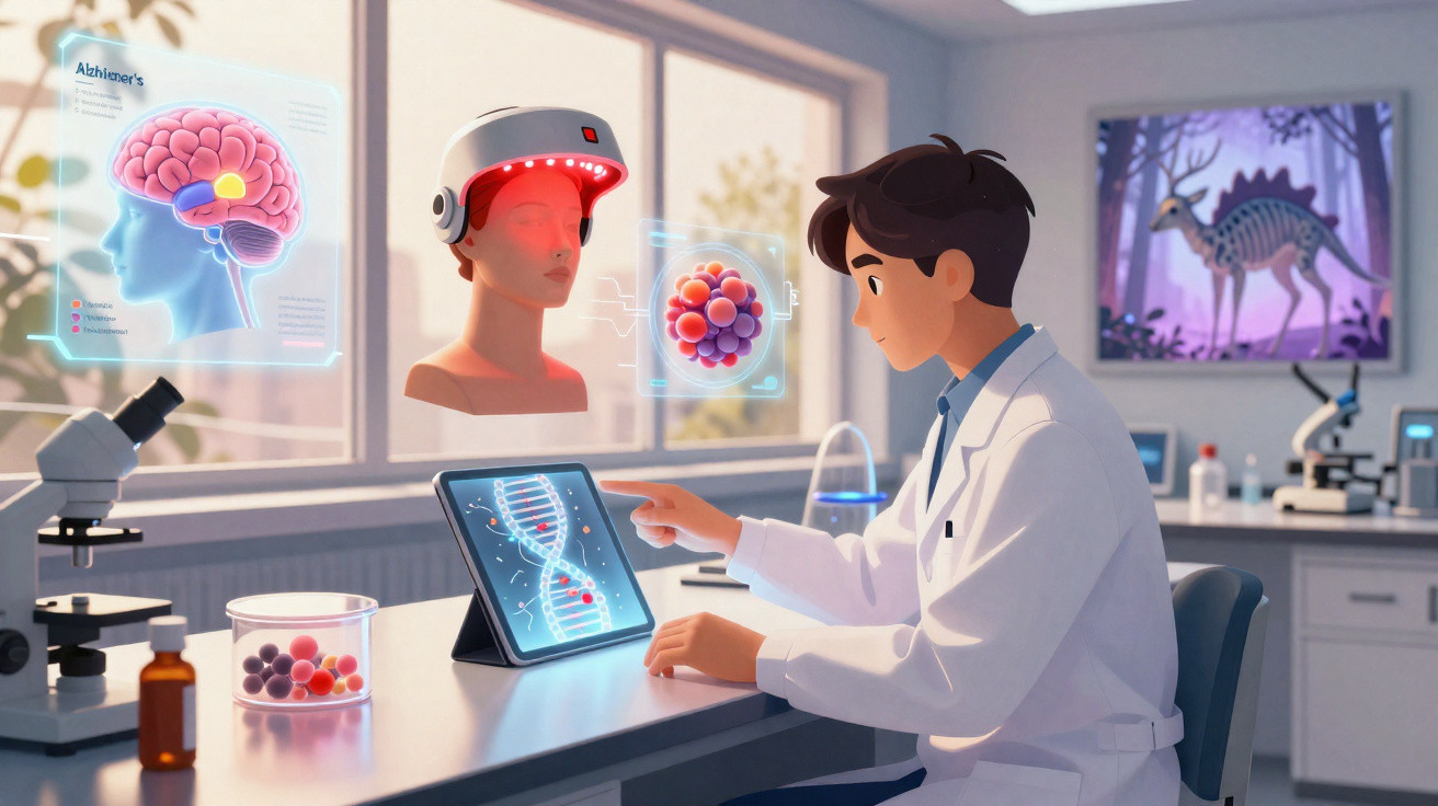 Wissenschaftler im Labor analysiert digitale DNA-Daten und Alzheimer-Forschung mit Virtual-Reality-Helm.