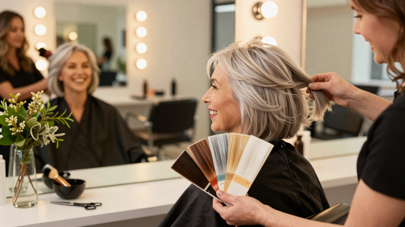 Ältere Frau sitzt im Friseursalon, Stylistin hält Haarfarben-Fächer neben ihrem kurzen grauen Haar.