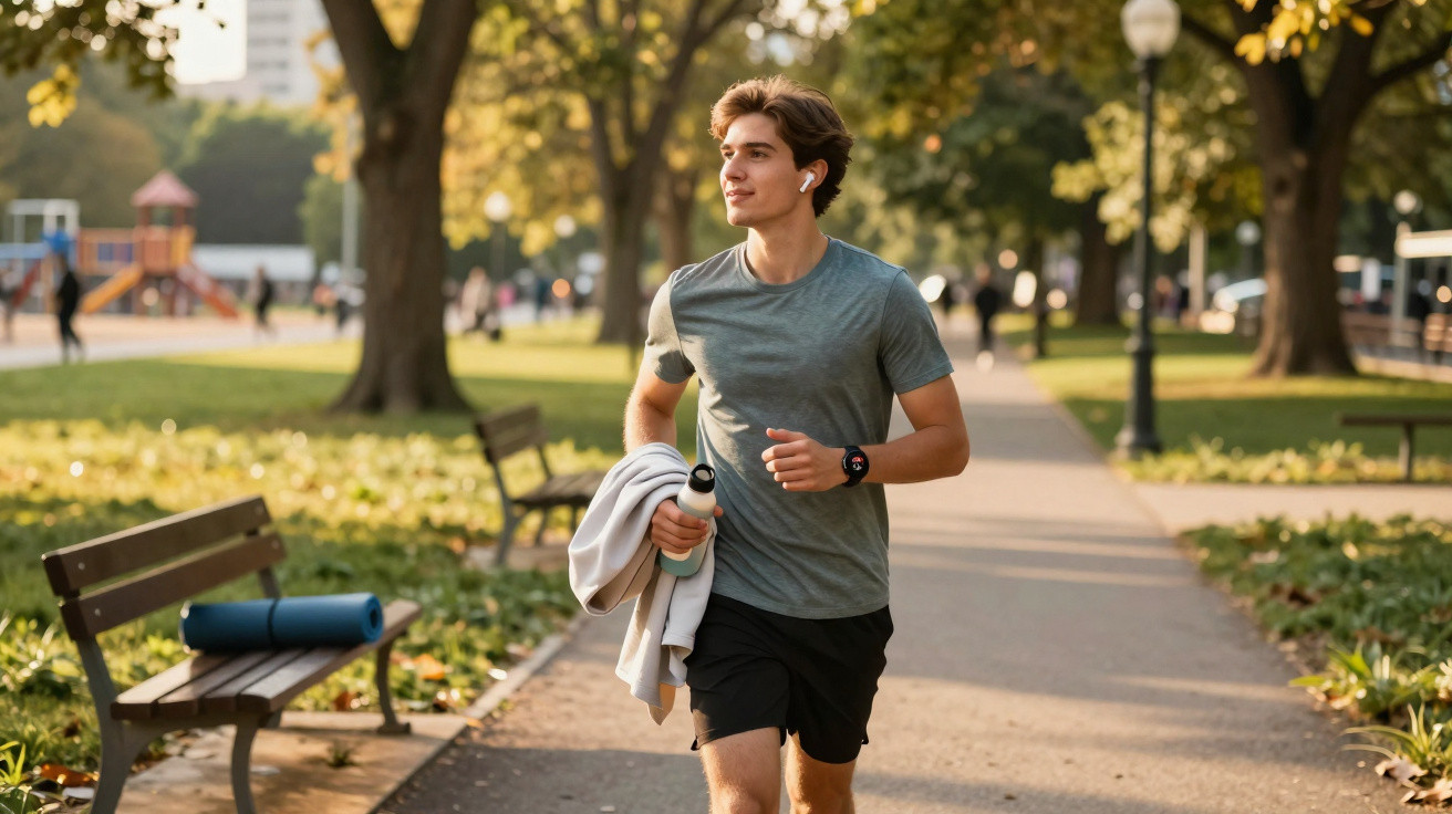 Junger Mann joggt im Park mit Sportbekleidung, Kopfhörern und Wasserflasche bei sonnigem Wetter.
