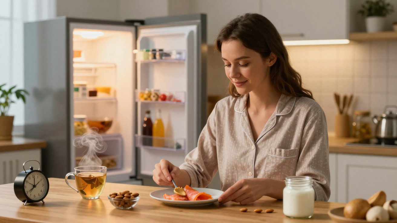 Frau im Pyjama isst Lachs und trinkt Tee in gemütlicher Küche, Kühlschrank im Hintergrund geöffnet.