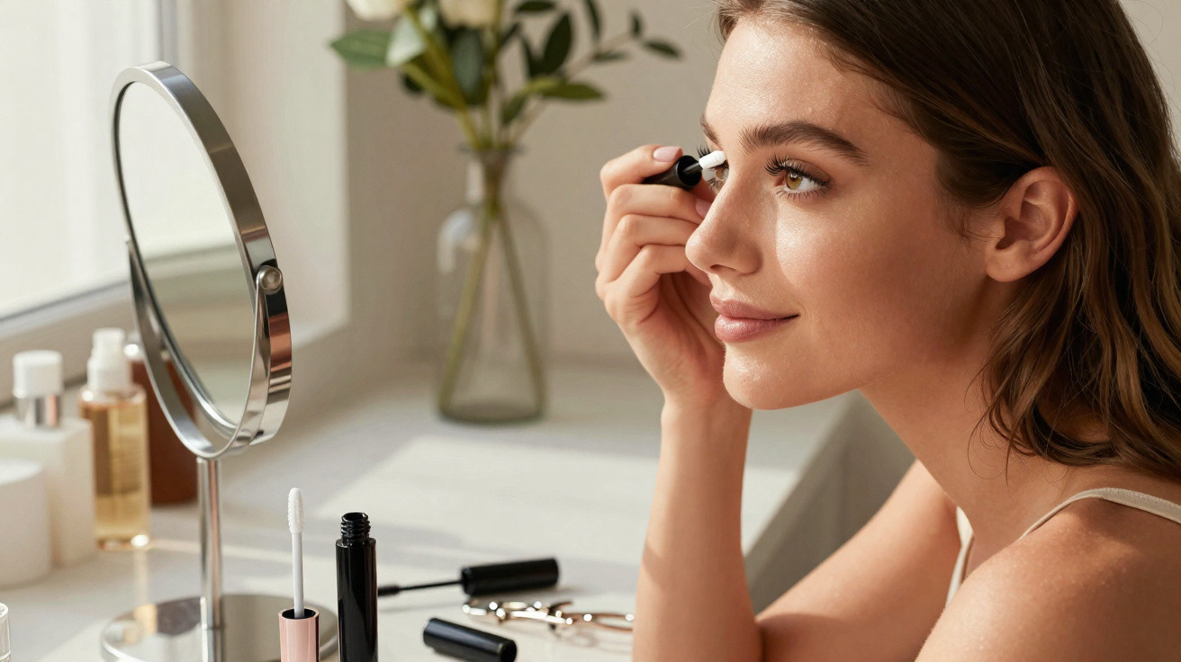 Frau trägt Mascara vor Spiegel auf, Make-up-Artikel und Vase mit Pflanze im Hintergrund sichtbar.