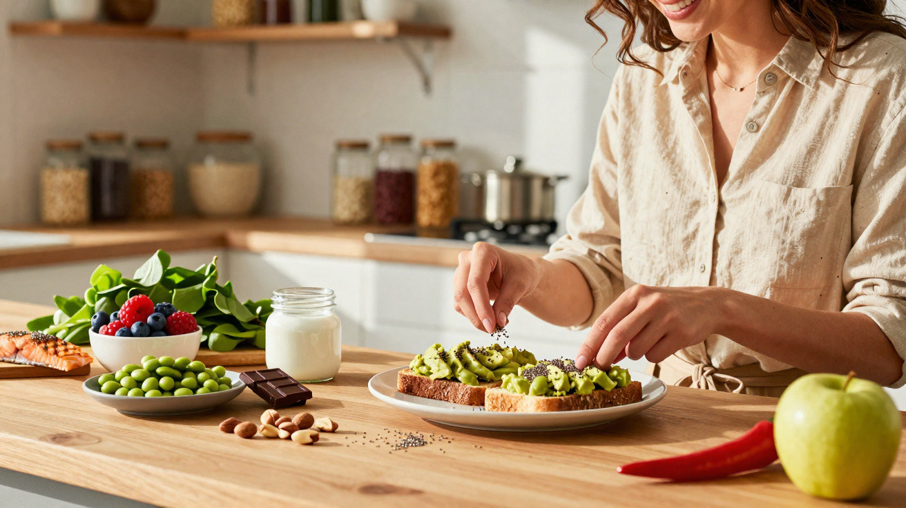 Frau bestreut Avocado-Brot mit Samen, umgeben von frischen Beeren, Nüssen, Schokolade, Joghurt und Obst in der Küche.