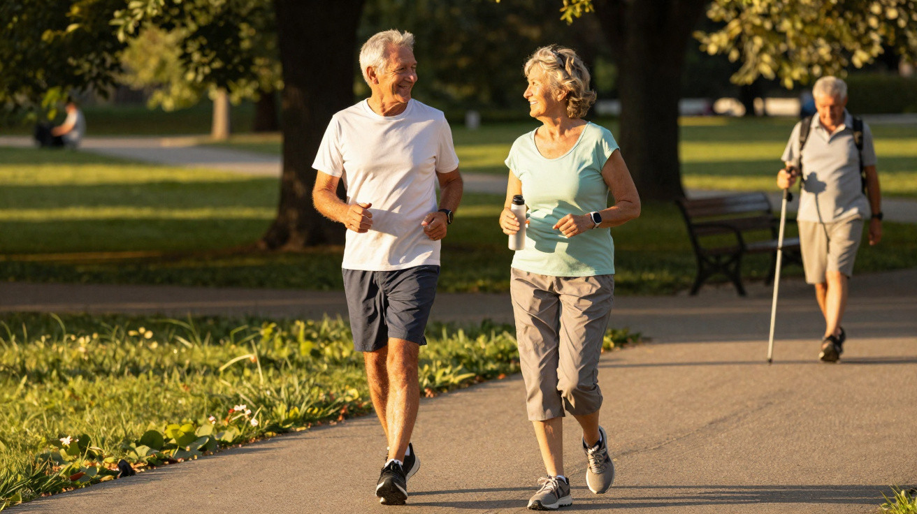 Älteres Paar joggt zusammen im Park am späten Nachmittag, im Hintergrund eine Person mit Walking-Stöcken.