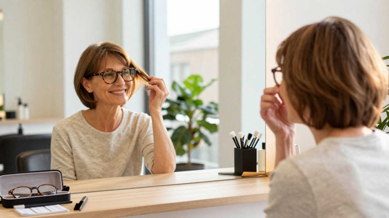 Ältere Frau mit Brille sitzt am Spiegel und lächelt, während sie sich im Wohnzimmer die Haare berührt.