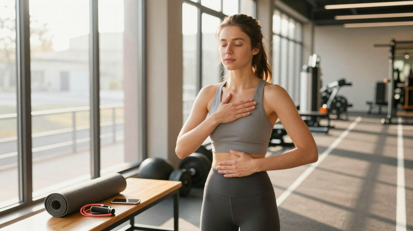 Frau in Sportkleidung macht Atemübung mit geschlossenen Augen in hellem Fitnessstudio.