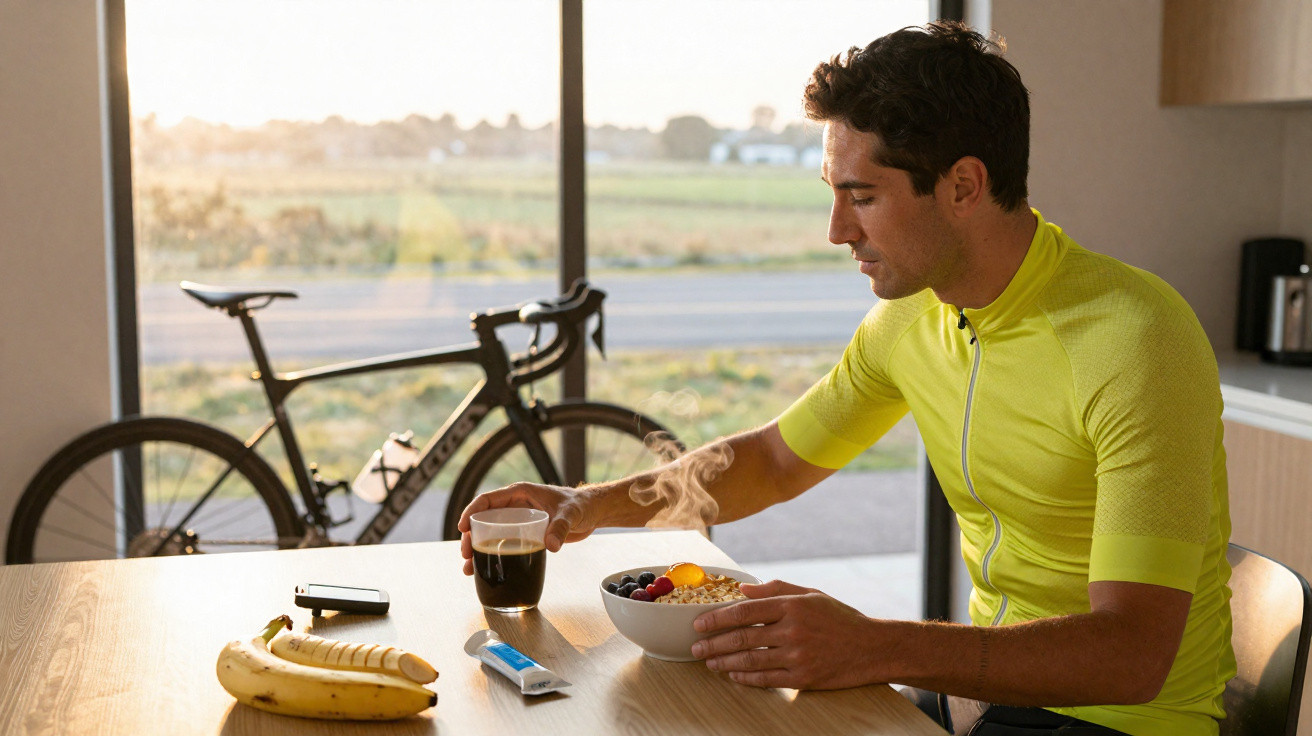 Mann in gelbem Radtrikot sitzt am Tisch, isst Haferflocken und trinkt Kaffee, Fahrrad im Hintergrund sichtbar.