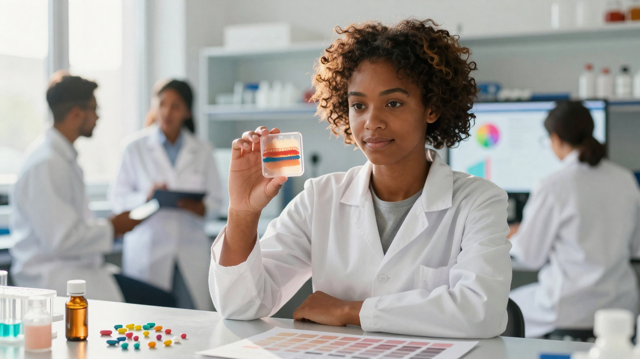 Junge Wissenschaftlerin im Labor hält eine Testkassette, im Hintergrund diskutieren Kollegen in weißen Kitteln.