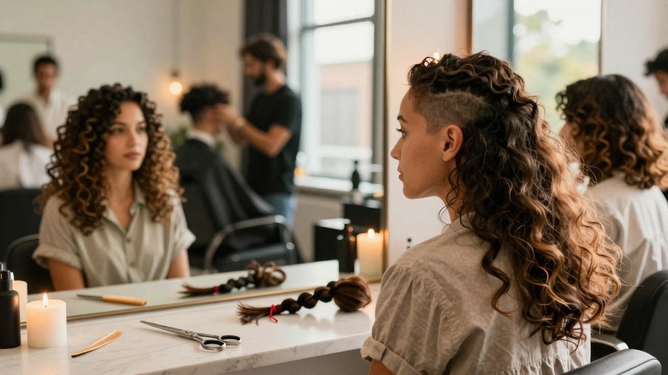 Frau mit lockigen Haaren sitzt im Friseursalon vor Spiegel, Haarschneideschere und abgeschnittene Zöpfe liegen auf dem Tisch.