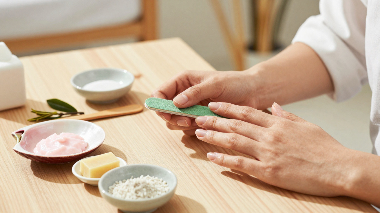 Person feilt Fingernägel mit Nagelfeile, umgeben von Cremes und Peeling auf Holztisch.