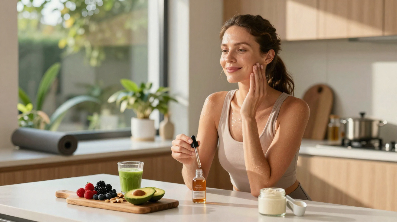 Frau trägt Gesichtspflegeöl auf, gesunde Lebensmittel und grüner Smoothie auf Küchentheke im Hintergrund.