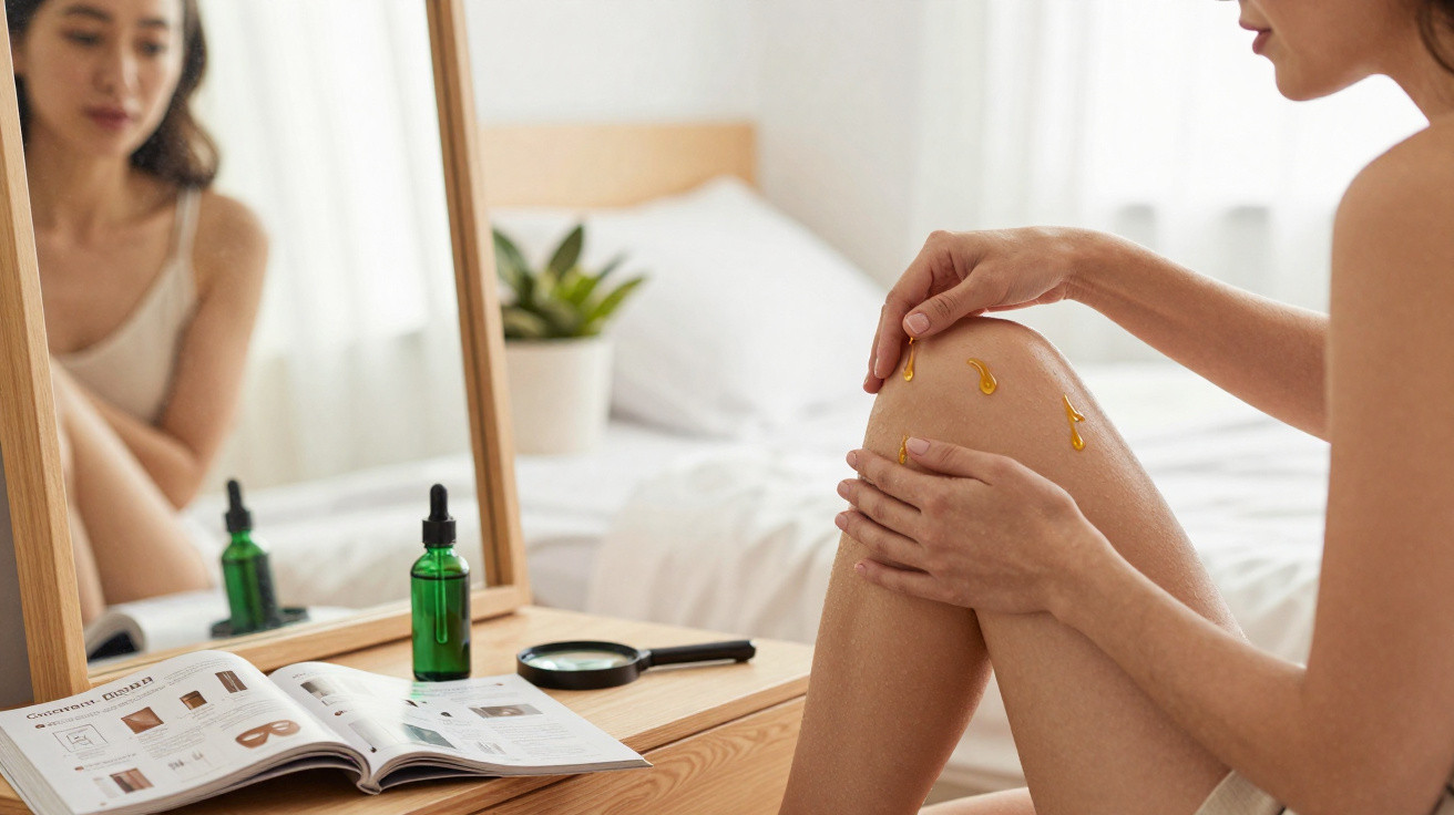 Frau trägt Hautöl auf ihr Knie auf, spiegelbildlich im Spiegel, mit Kosmetikprodukten auf dem Tisch.
