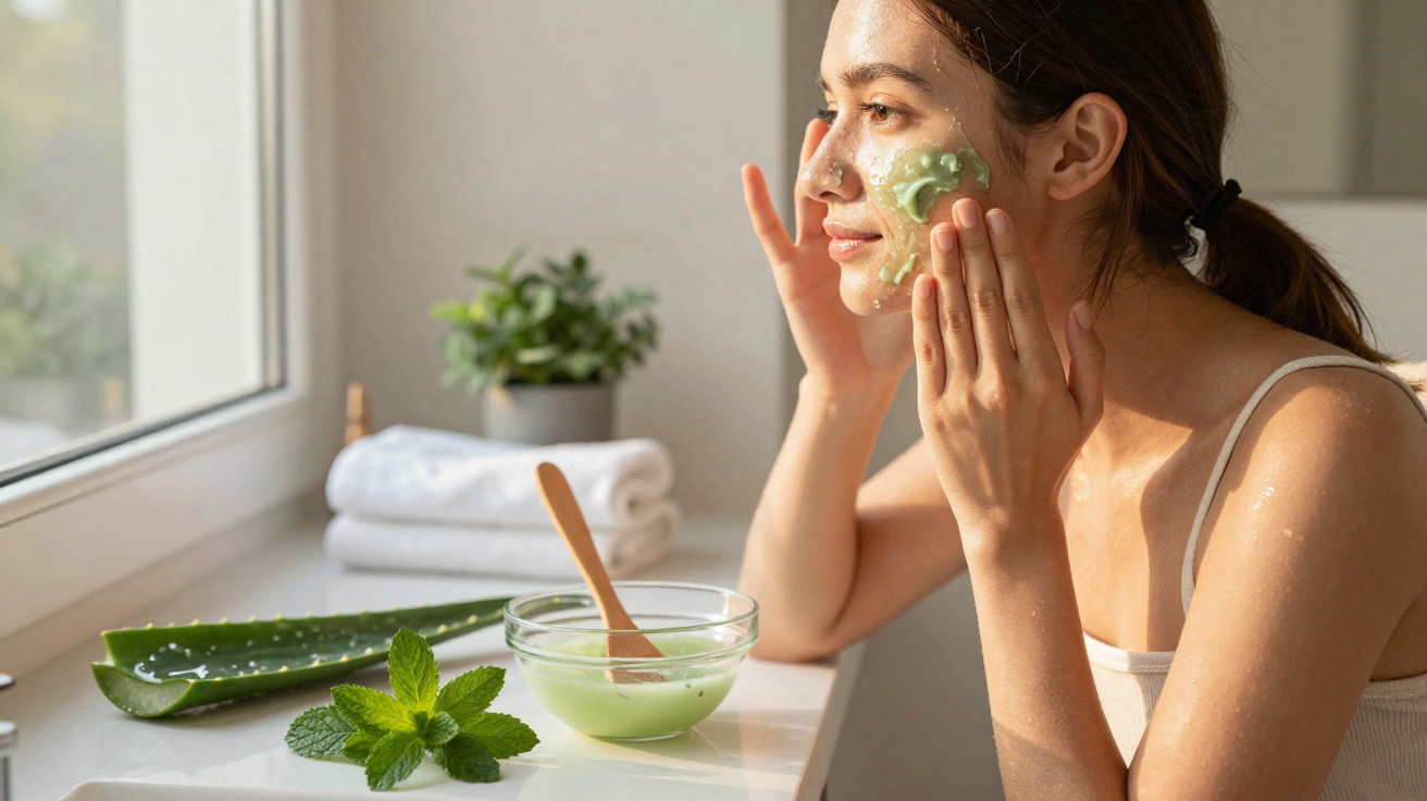Frau trägt Gesichtspflege mit Aloe Vera Gel auf, sitzt am Fenster mit grüner Pflanze und Handtüchern im Hintergrund.