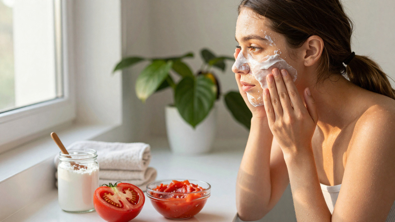 Frau trägt Gesichtsmaske auf, sitzt am Fenster mit Tomaten, Joghurt und Handtuch auf der Fensterbank.