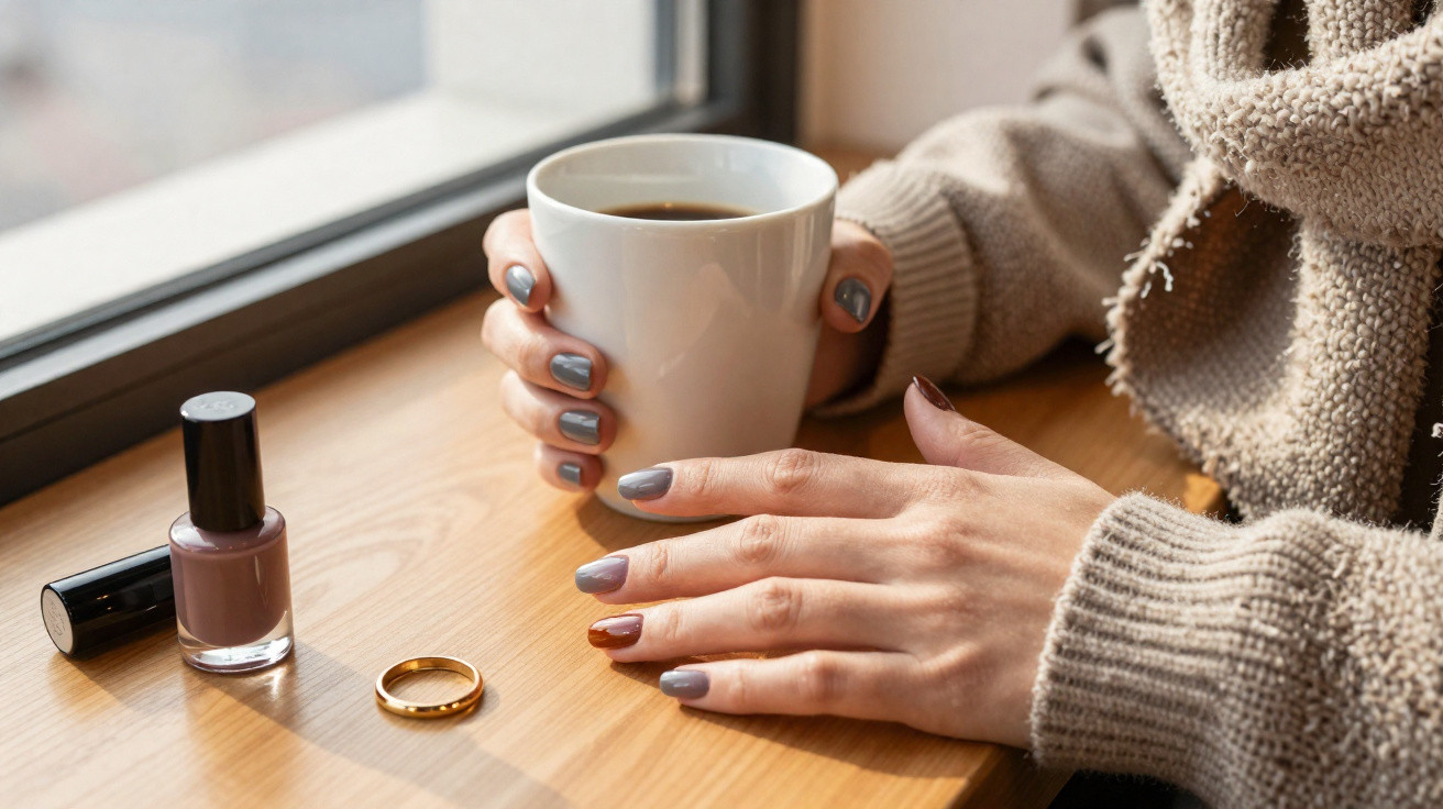Frau mit grauem Nagellack hält eine Tasse Kaffee, neben Nagellackflasche und goldener Ring auf Holztisch.