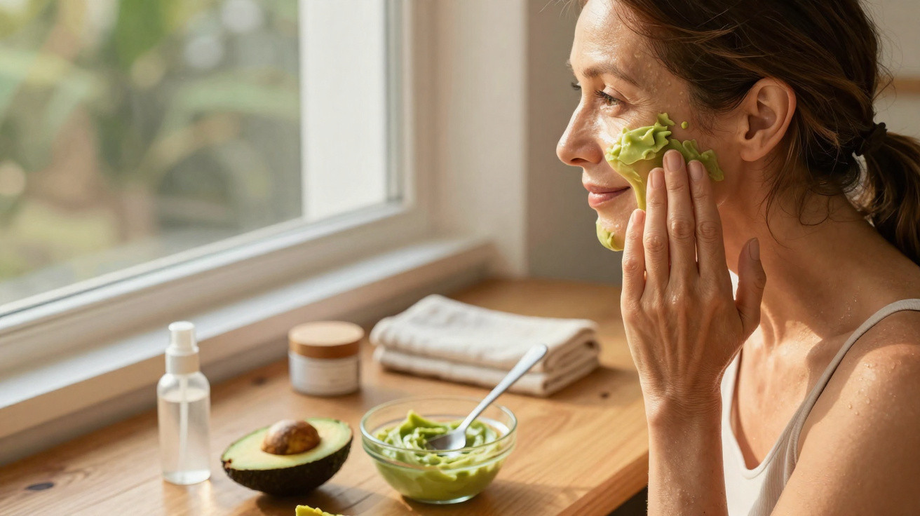 Frau trägt Avocado-Gesichtsmaske auf Wange auf, sitzend am Fenster mit Hautpflegeprodukten auf Holztisch.