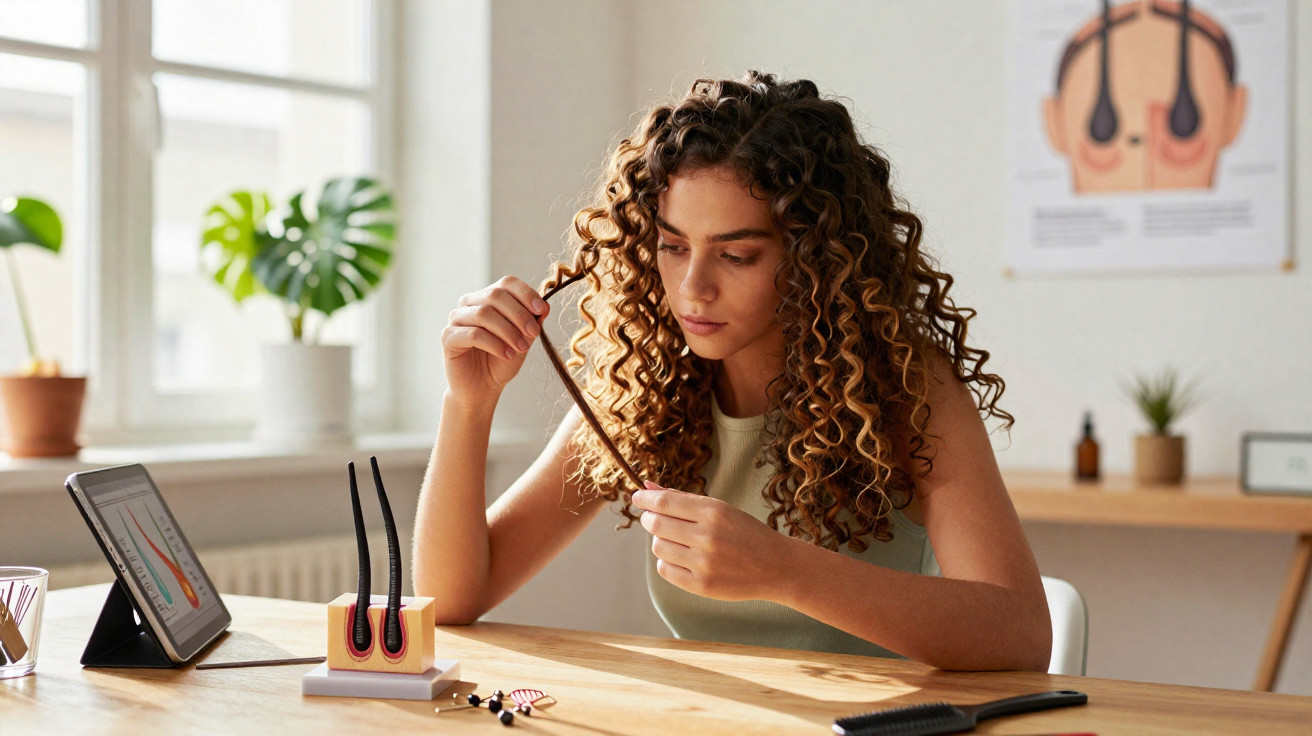 Frau mit lockigem Haar untersucht Haarstruktur im sonnigen Raum mit Haarmodell und Tablet auf Holztisch.