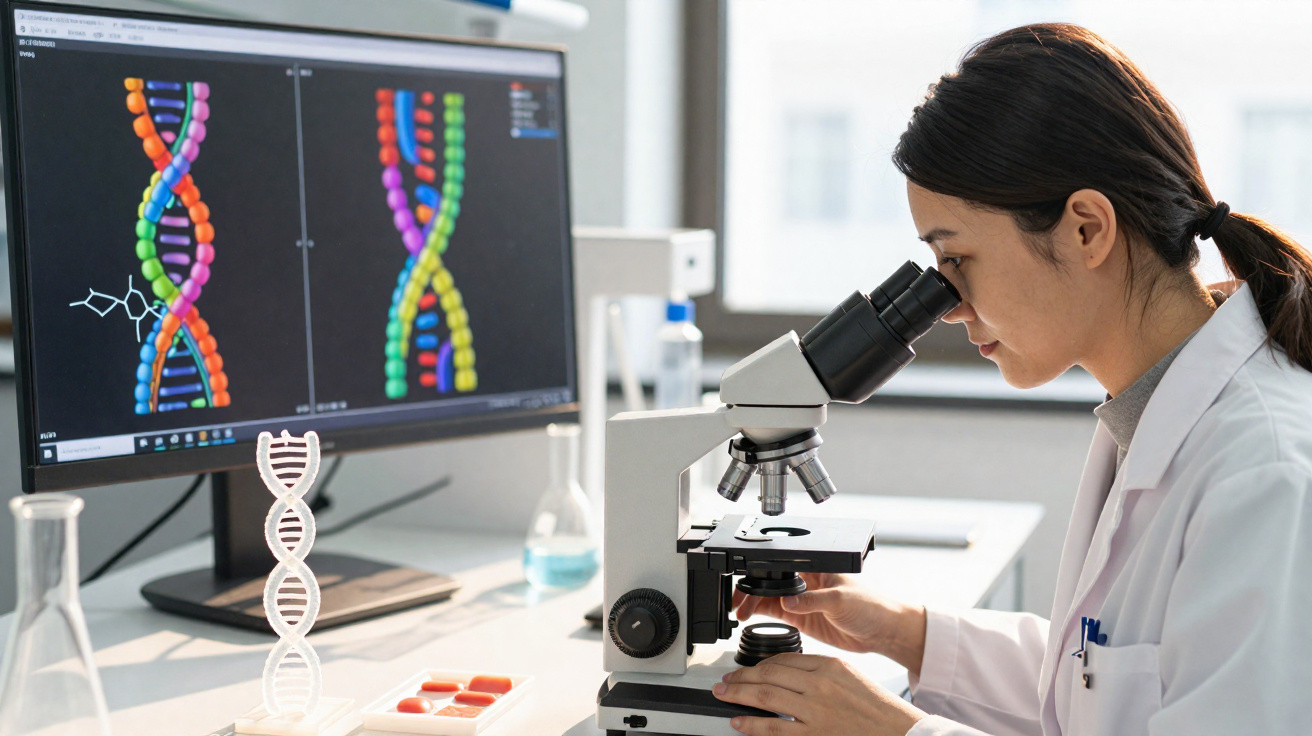 Wissenschaftlerin im Labor untersucht Proben mit Mikroskop, im Hintergrund DNA-Strukturen am Bildschirm sichtbar.