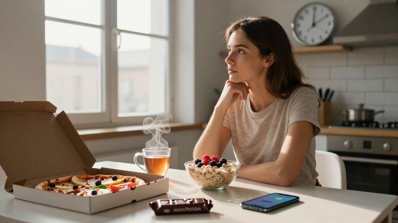 Frau sitzt nachdenklich am Tisch mit Pizza, Müsli, Tee und Smartphone in heller Küche.